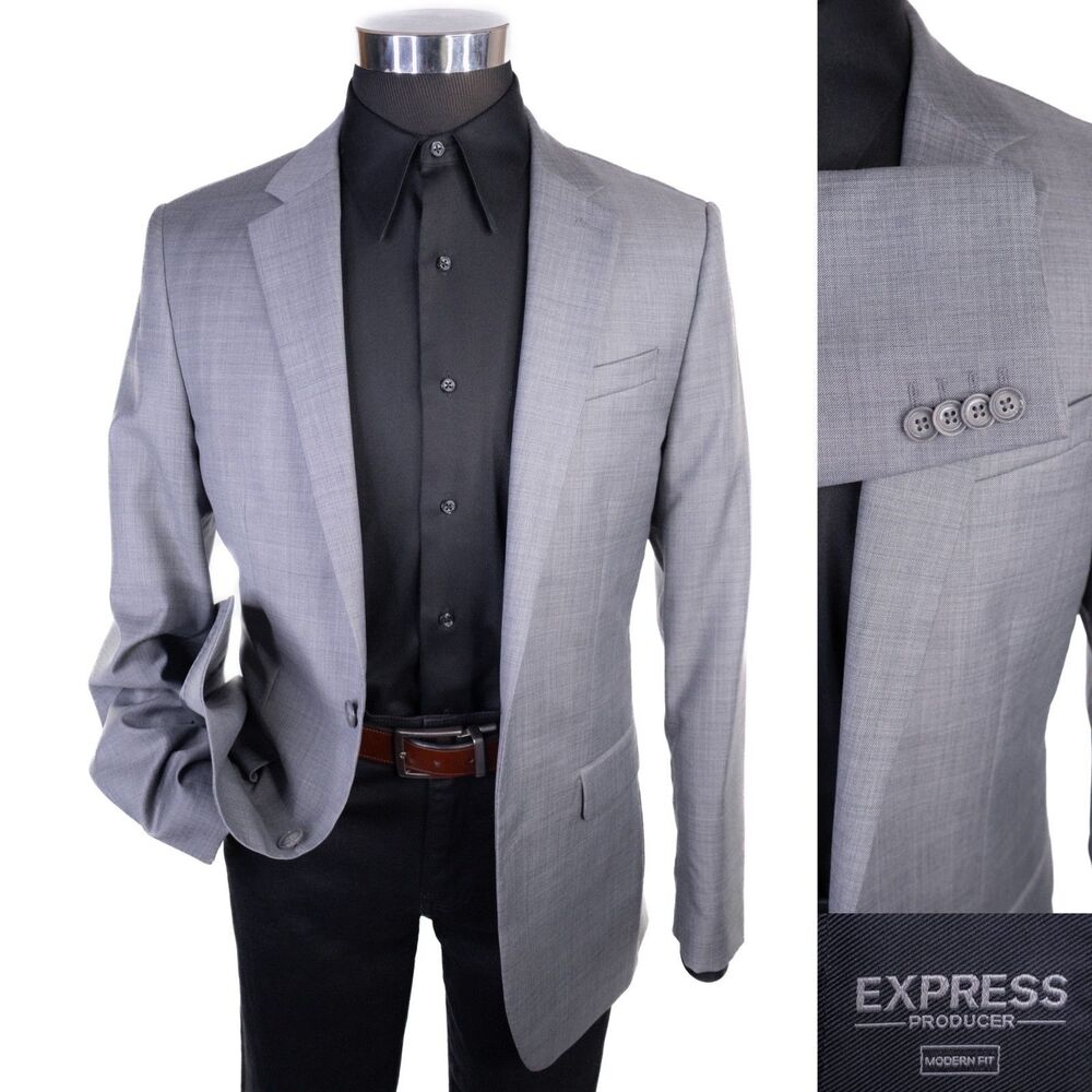 Express Producer Modern Fit Solid Gray Blazer Sz 38R Two Button Jacket Wool Blnd